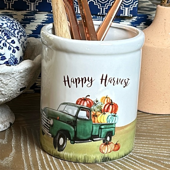 Other - NEW! Fall Harvest Farmhouse Vintage Truck Pumpkin Ceramic Crock Utensil Holder